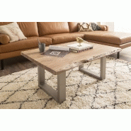 Table basse Claren - plateau 110 cm en acacia massif naturel laqué - piétement en U acier brossé_4