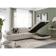 Canapé d'angle convertible méridienne droite RINO beige - pieds métal - avec coffre et têtières réglables_4