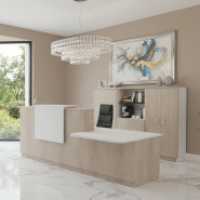 Banque d'accueil Delta Plus avec PMR et réhausse - Mobel Linea - Blanc mat, Droite, Acacia clair, Oui, 282_4