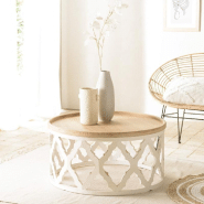 CORVIE - Table basse ronde avec plateau en bois naturel et piètement en métal blanc - Design graphique et raffiné_4