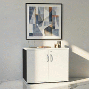 Armoire de bureau avec portes décor bois - MDD - Blanc pastel, Noir_4