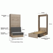 Armoire lit escamotable Dynamo Sofa - canapé intégré - chêne naturel et tissu gris - couchage 90x200 cm_4