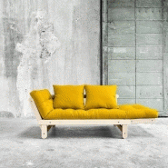 Banquette méridienne futon BEAT - Pin naturel et tissu jaune - Couchage 75x200 cm - Convertible et multifonctions_4