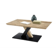 Table basse design Maverick - chêne sauvage acacia, piétement bicolor noir mat/acacia, roulettes intégrées_4
