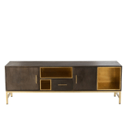 Buffet bas design DASY - 2 portes, 3 niches rétractables en manguier massif et métal doré - 180 cm_4