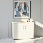 Armoire de bureau avec portes décor bois - MDD - Blanc pastel, Gris aluminium_4