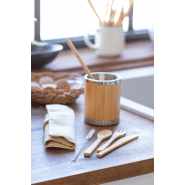 Set de couverts en bambou - 5 pièces avec pochette en coton - Fourchette, couteau, cuillère, paille et brosse de nettoyage_4
