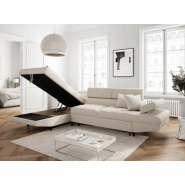 Canapé d'angle méridienne gauche RINO convertible beige avec coffre de rangement - pieds laqués noirs - 3 têtières réglables et 2 coussins déco_4