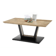 Table basse design Beford en chêne acacia - plateau laqué naturel - piétement métal noir mat avec roulettes_4