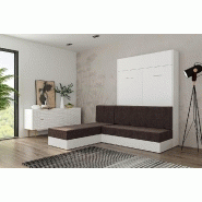 Lit escamotable Dynamo Sofa - Canapé angle méridienne réversible blanc mat tissu marron 140x200 cm avec coffre de rangement_4