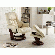 Fauteuil relax CLAIRAC - cuir crème - pied en bois noyer - avec repose-pied - inclinable à 135° et pivotant à 360°_4
