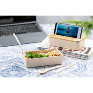 Lunch box en plastique PP - couvercle en bambou avec support téléphone - 2 compartiments de 700 ml avec couverts inclus_4