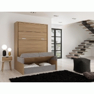 Armoire lit escamotable NAXOS SOFA - 140x200 cm - Merisier Verona - Canapé tissu gris_4