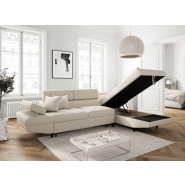 Canapé d'angle méridienne droite RINO convertible beige avec coffre de rangement et pieds laqués noirs_4