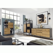 Buffet Abou - 2 portes, 3 tiroirs, plaqué chêne, structure laqué gris anthracite, piètement métal noir_4