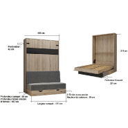 Lit escamotable style industriel KEY SOFA - chêne, bandeau noir, canapé gris 140x200 cm - avec rangements et vérins à pistons_4