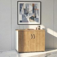 Armoire de bureau avec portes décor bois - MDD - Blanc pastel, Chêne miel_4
