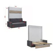 Armoire lit escamotable DJUKE SOFA - Blanc bandeau chêne - Canapé gris 160x200 cm avec coussins et coffre intégré_4