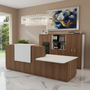 Banque d'accueil Delta Plus avec PMR et réhausse - Mobel Linea - Blanc mat, Droite, Acacia foncé, Non, 262_0