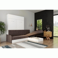 Lit escamotable DYNAMO SOFA - canapé angle méridienne réversible blanc avec accoudoirs tissu marron 140x200 cm_4