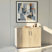 Armoire de bureau avec portes décor bois - MDD - Blanc pastel, Chêne naturel_4
