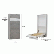 Lit escamotable LOFT blanc - Façade gris béton - Couchage 90 x 200 cm avec système à vérins_4