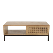 Table basse MARCI - 1 niche, 2 tiroirs avec cannage naturel et structure métal noir_4