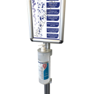 Poteau distributeur 158 cm - 2 faces pour bouteilles de gel 300 à 1000 ml + cadres pancartes A3 portrait ou paysage - Gris clair - Réf : 214961_4