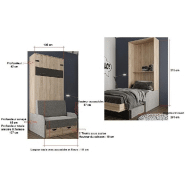 Lit escamotable style industriel KEY SOFA - canapé avec accoudoirs tissu marron, tiroirs de rangement, 90x200 cm_4