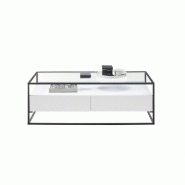 Table basse design Edmonton 120 cm - Blanc mat - Plateau verre trempé - Piètement acier époxy - 2 tiroirs_4