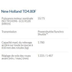Tracteur agricole TD4.80F New Holland - moteur F5C 3,4L - 75 à 99 ch - inverseur hydraulique Powershuttle