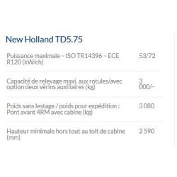 Td5.75 tracteur agricole - New Holland - 72 ch - moteur biodiesel, cabine VisionView™ et inverseur hydraulique