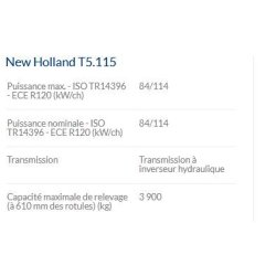 T5.115 tracteur agricole - new holland - puissance maxi 84/114 kw/ch