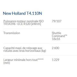 T4.110N tracteur agricole - New Holland - puissance maxi 79/107 kW/ch - cabine VisionView™ et transmission Dual Command™