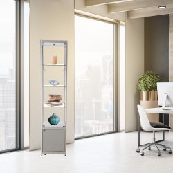 Vitrine Exposition Aluminium LED H 200 x L 45 x P 45 cm - Gris Alu - Réf.2228406 - Vitrine Haute 4 étagères avec éclairage Led et réserve en panneaux bois stratifiés
