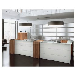 Banque d'accueil Nice 01 - Plans en MDF avec finitions variées et étagères en bois ou verre trempé