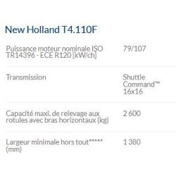 T4.110F tracteur agricole - New Holland - puissance max 79/107 kW/ch - cabine VisionView™, moteur FPT F5C Tier 4A, transmission Dual Command™