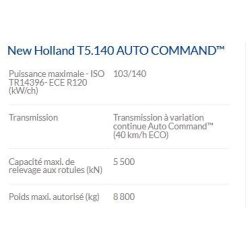 T5.140 Auto Command - Tracteur agricole New Holland - Puissance maxi 103/140 kW/Ch - Technologie SCR ECOBlue™ Tier 4B