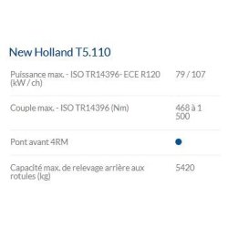 T5.110 Electro Command - Tracteur agricole New Holland - Puissance maxi 79/107 kW/ch