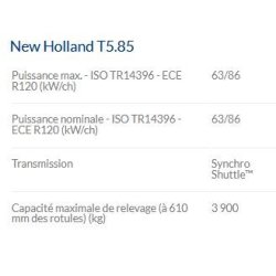 T5.85 tracteur agricole - new holland - puissance maxi 63/86 kw/ch