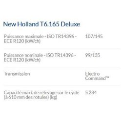 T6.165 Deluxe Tracteur Agricole - New Holland - Puissance Maxi 107/145 kW/ch - Technologie SCR ECOBlue et Confort Avancé