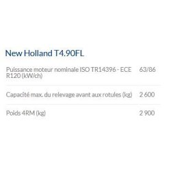 T4.90FL Tracteur agricole - New Holland - 63/86 kW/ch - spécialisé vergers et terrains irréguliers