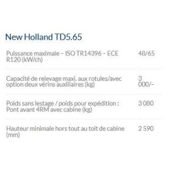 Tracteur agricole TD5.65 - New Holland - Puissance maxi 48/65 kW/Ch - Cabine VisionView™ et inverseur hydraulique