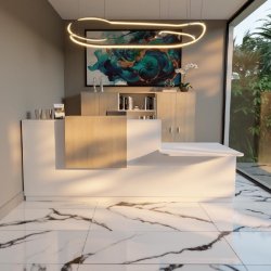 Comptoir d'accueil Design & Ergonomique : La solution idéale pour Cabinets Médicaux - 242, Blanc, Droite, Non, Acacia clair