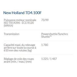 New Holland TD4.100F - Tracteur agricole - Puissance maxi 99 ch - Moteur 3,4L Phase 3B - Réserve de couple 36% - Capacité de relevage 3000 kg