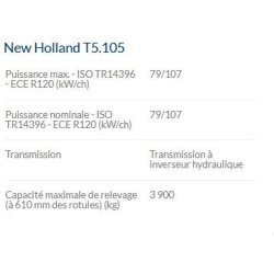 T5.105 tracteur agricole - new holland - puissance maxi 79/107 kw/ch