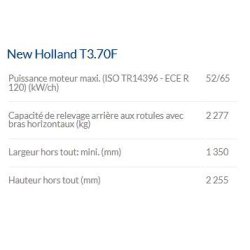 T3.70f tracteur agricole - new holland - puissance maxi 52/65 kw/ch