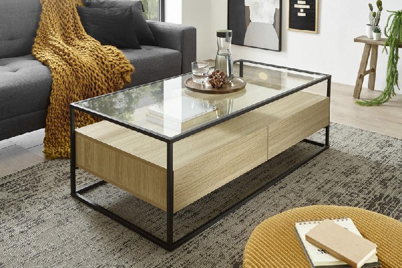 Table basse design Edmonton 120 cm - décor chêne, piètement acier époxy, plateau verre trempé, 2 tiroirs_5