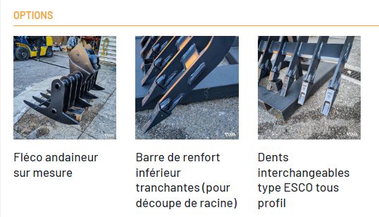 Godet fléco GMTP - 28 modèles de 750 mm à 2500 mm pour pelles de 2.5 à 25T - Série HDVX en Hardox 450 ou S355_5