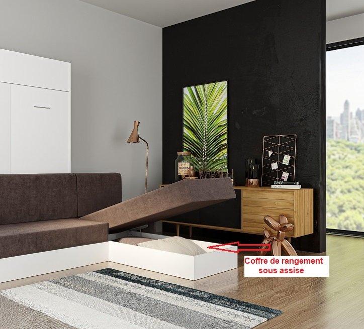 Lit escamotable Dynamo Sofa - canapé angle méridienne réversible blanc mat avec accoudoirs tissu gris 140x200 cm_5